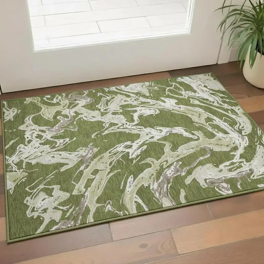 Olive Green Ivory And Taupe Abstract Washable Area Rug With UV Protection Photo 2
