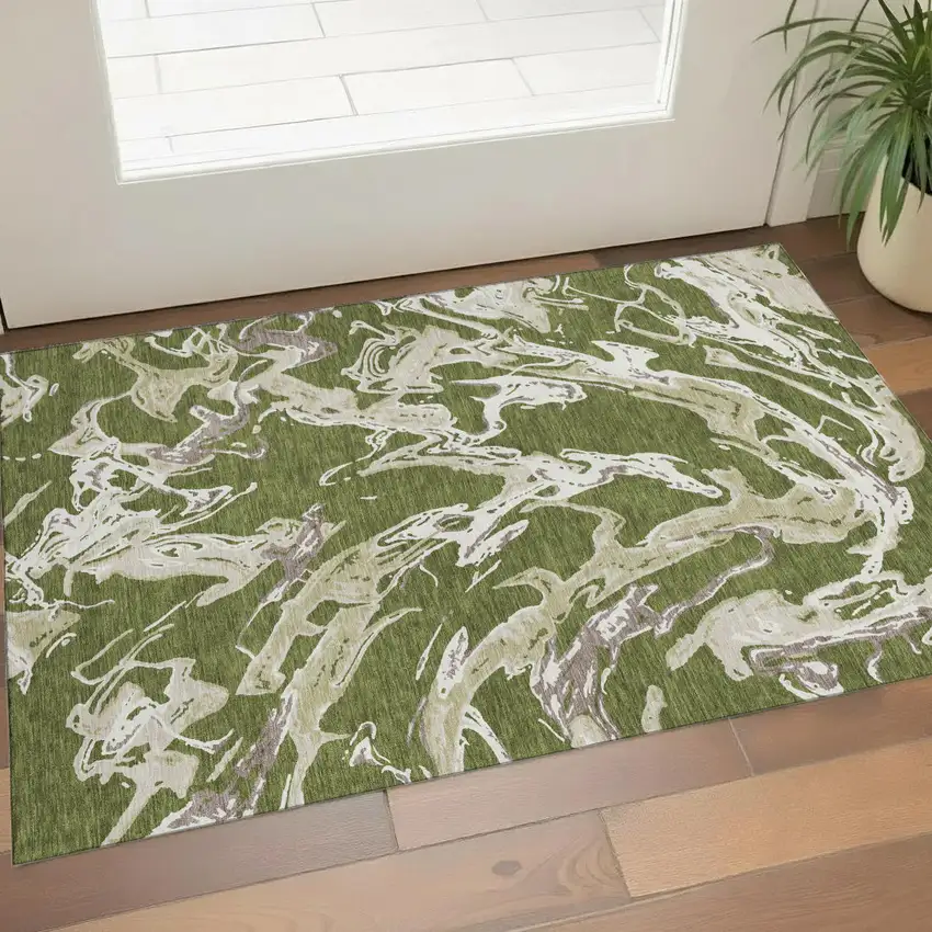 Olive Green Ivory And Taupe Abstract Washable Area Rug With UV Protection Photo 1
