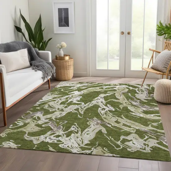 Olive Green Ivory And Taupe Abstract Washable Area Rug With UV Protection Photo 4