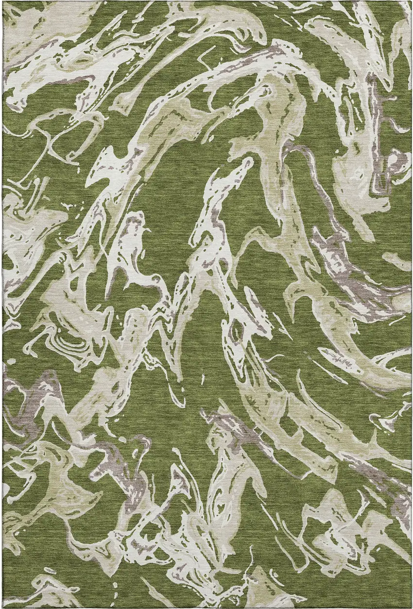 Olive Green Ivory And Taupe Abstract Washable Area Rug With UV Protection Photo 1