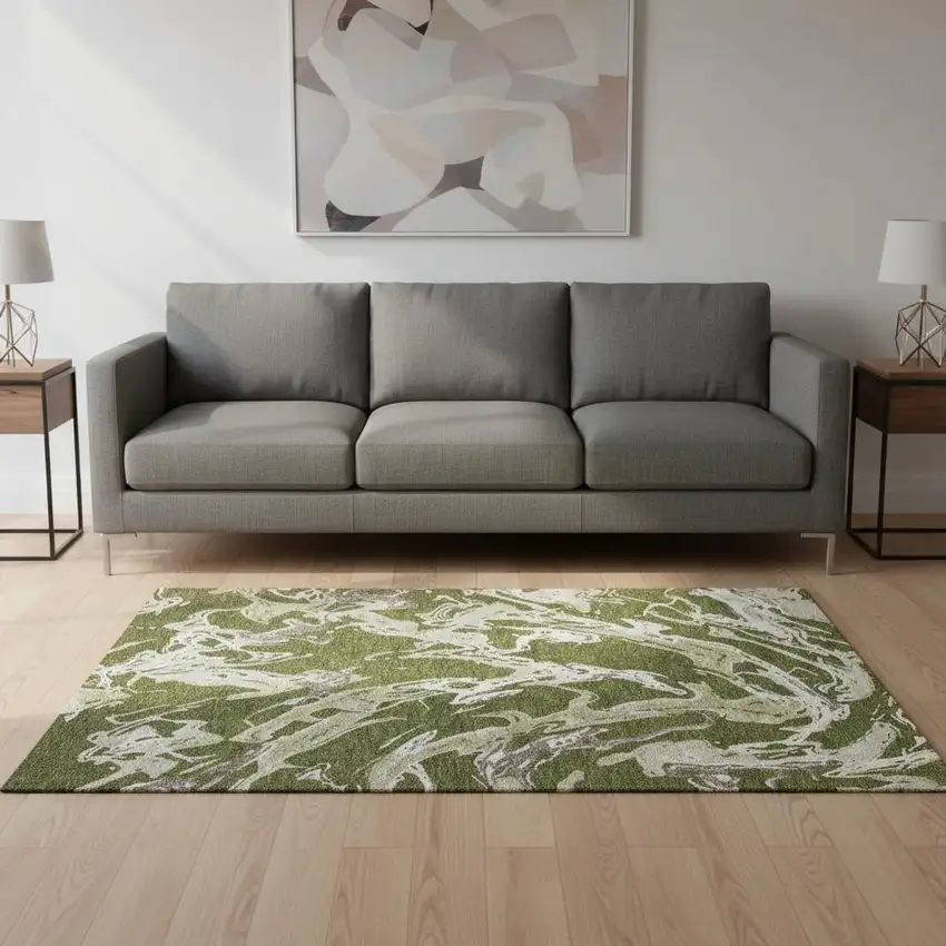 Olive Green Ivory And Taupe Abstract Washable Area Rug With UV Protection Photo 2