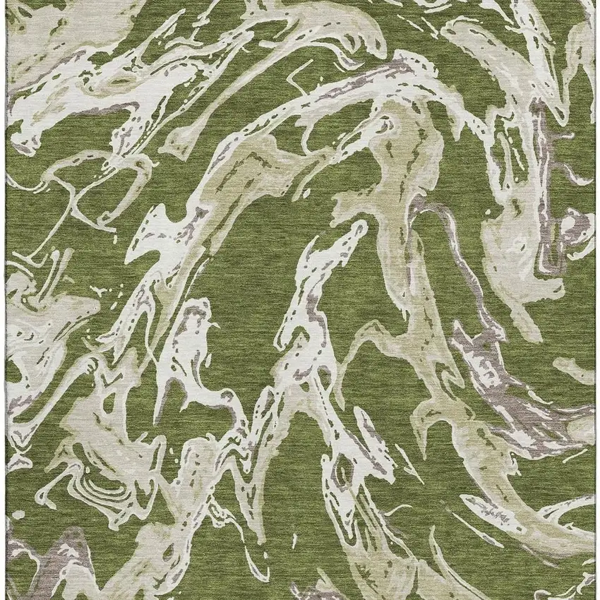 Olive Green Ivory And Taupe Abstract Washable Area Rug With UV Protection Photo 3