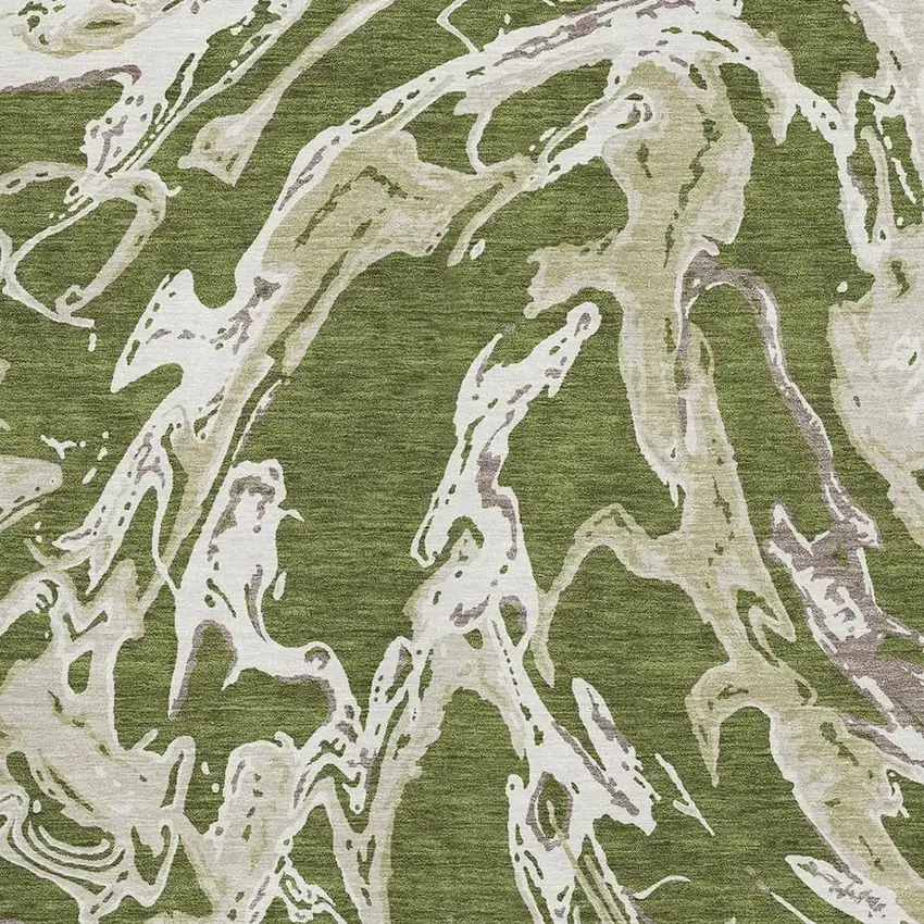 Olive Green Ivory And Taupe Abstract Washable Area Rug With UV Protection Photo 2
