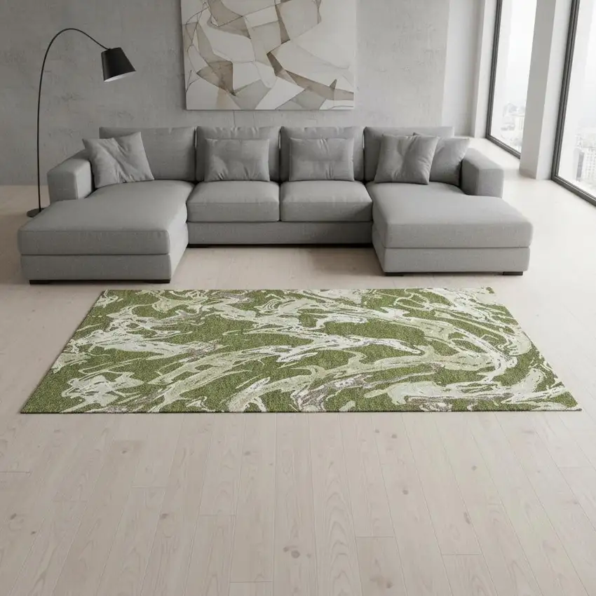 Olive Green Ivory And Taupe Abstract Washable Area Rug With UV Protection Photo 2