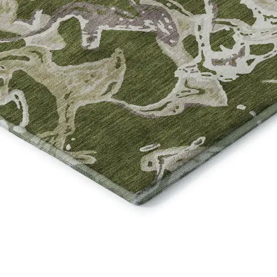 Olive Green Ivory And Taupe Abstract Washable Area Rug With UV Protection Photo 7