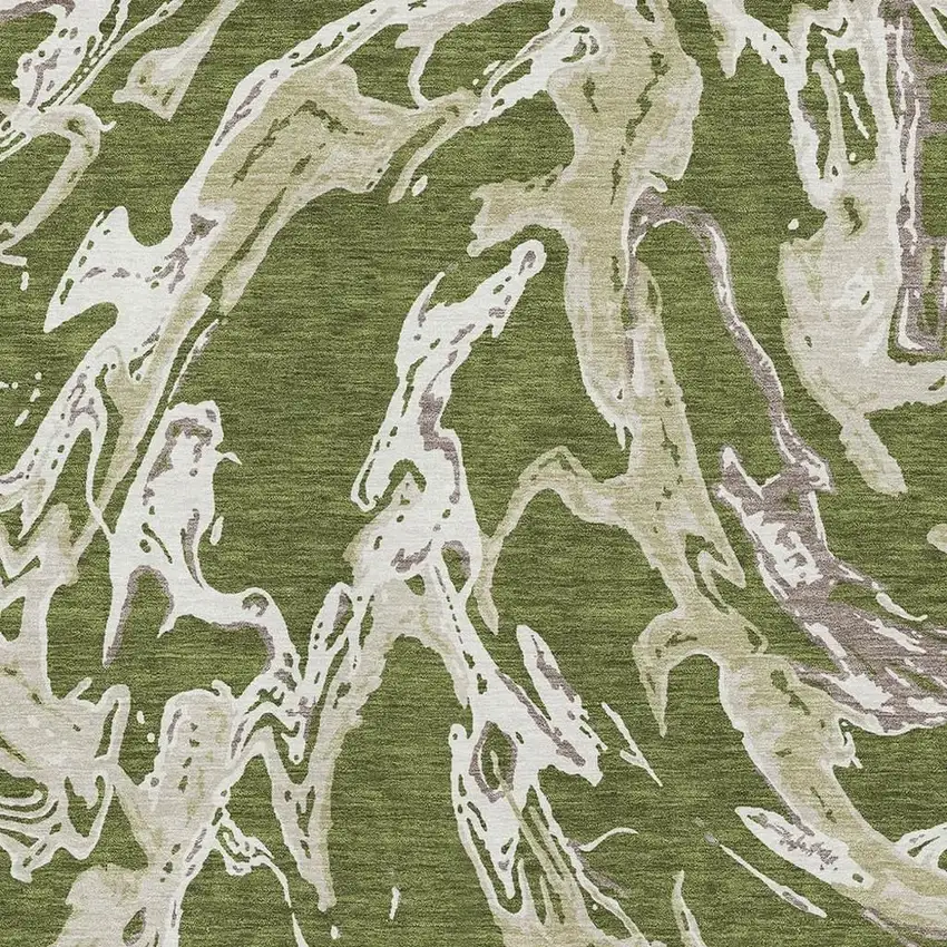 Olive Green Ivory And Taupe Abstract Washable Area Rug With UV Protection Photo 2