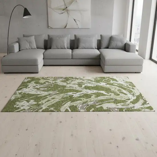 Olive Green Ivory And Taupe Abstract Washable Area Rug With UV Protection Photo 2