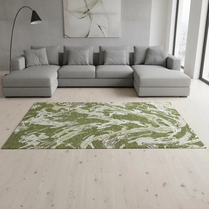 Olive Green Ivory And Taupe Abstract Washable Area Rug With UV Protection Photo 2