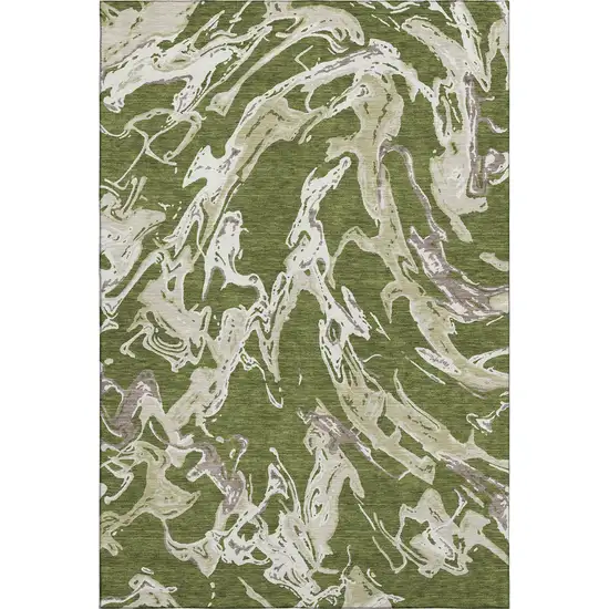 Olive Green Ivory And Taupe Abstract Washable Area Rug With UV Protection Photo 1