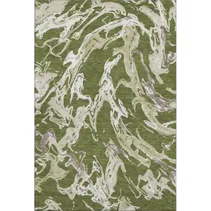 Photo of Olive Green Ivory And Taupe Abstract Washable Area Rug With UV Protection