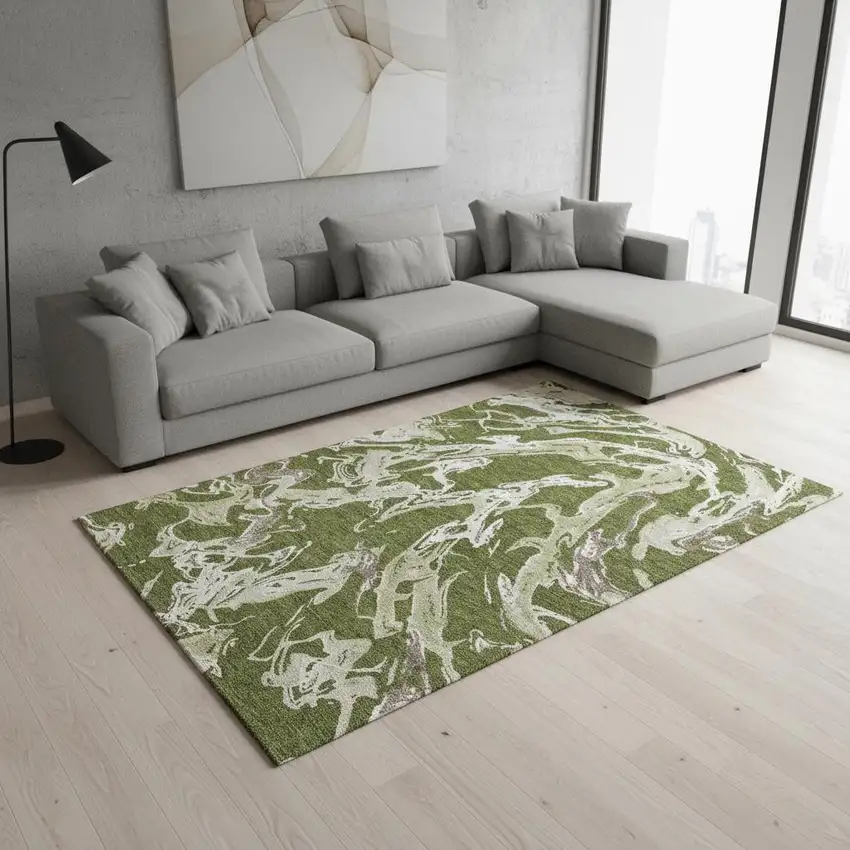 Olive Green Ivory And Taupe Abstract Washable Area Rug With UV Protection Photo 2