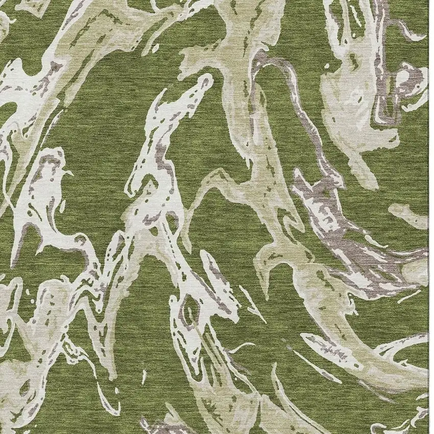 Olive Green Ivory And Taupe Abstract Washable Area Rug With UV Protection Photo 2