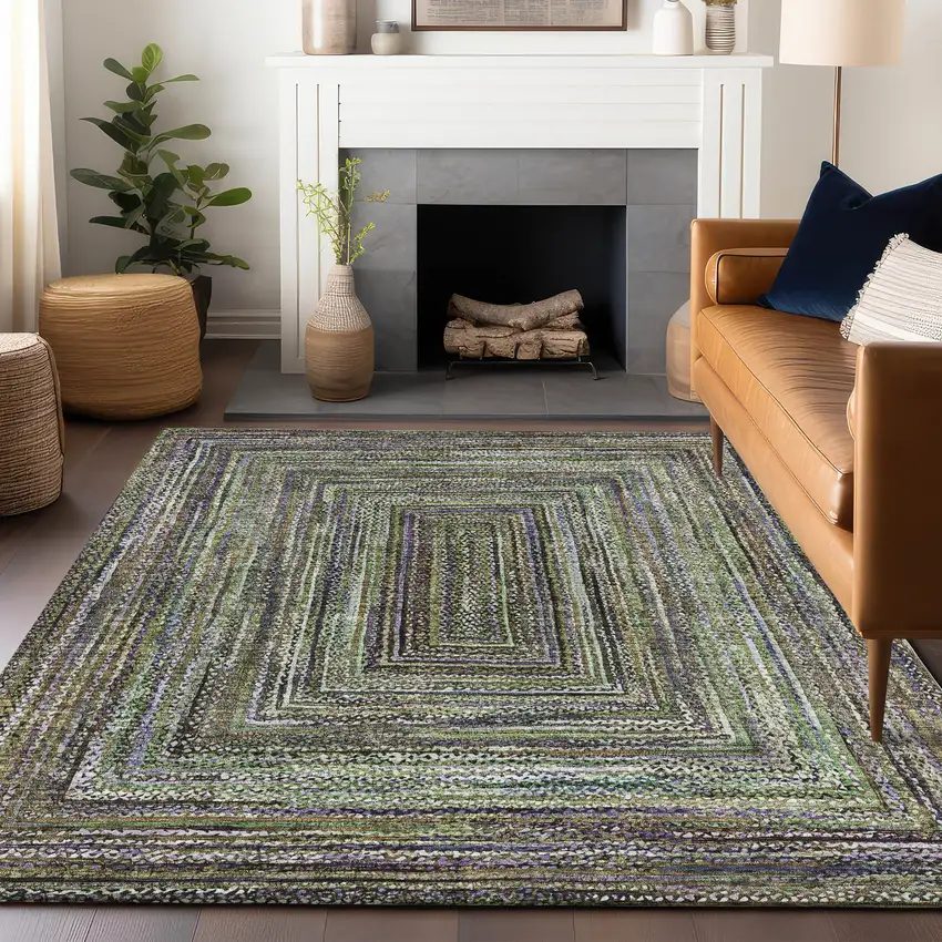 Olive Green Lavender And Fern Green Geometric Washable Indoor Outdoor Area Rug Photo 6