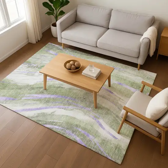 Olive Green Lavender And Ivory Abstract Washable Area Rug With UV Protection Photo 5