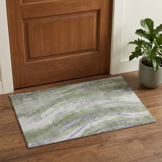 Olive Green Lavender And Ivory Abstract Washable Area Rug With UV Protection Photo 1