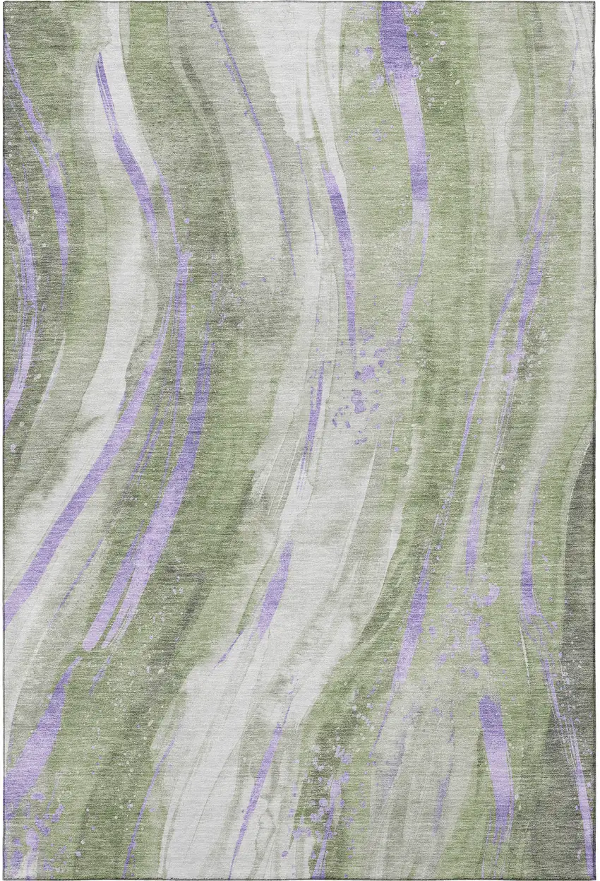 Olive Green Lavender And Ivory Abstract Washable Area Rug With UV Protection Photo 3