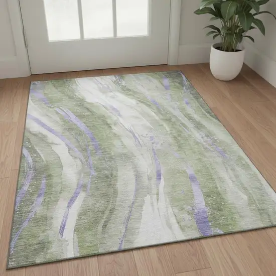 Olive Green Lavender And Ivory Abstract Washable Area Rug With UV Protection Photo 2