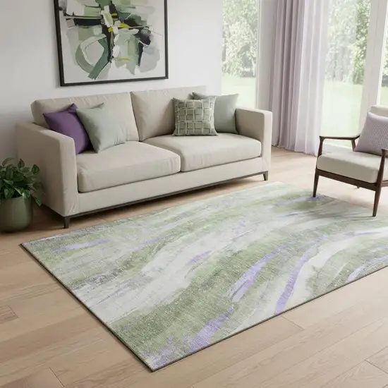 Olive Green Lavender And Ivory Abstract Washable Area Rug With UV Protection Photo 2