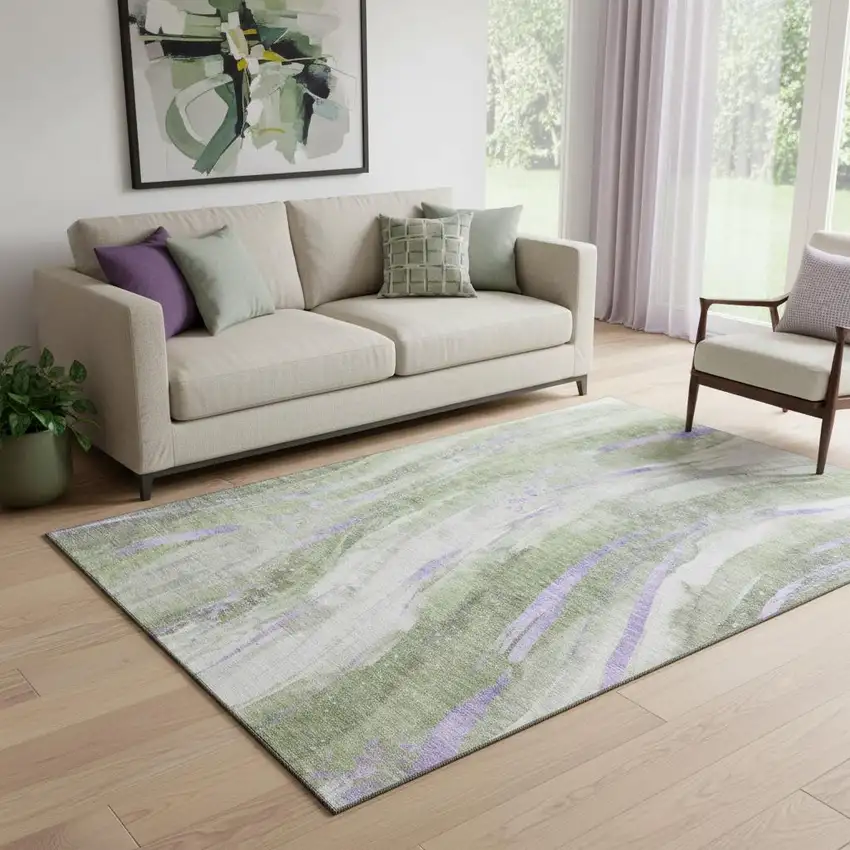 Olive Green Lavender And Ivory Abstract Washable Area Rug With UV Protection Photo 2