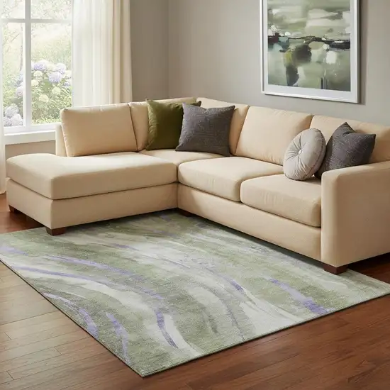 Olive Green Lavender And Ivory Abstract Washable Area Rug With UV Protection Photo 2