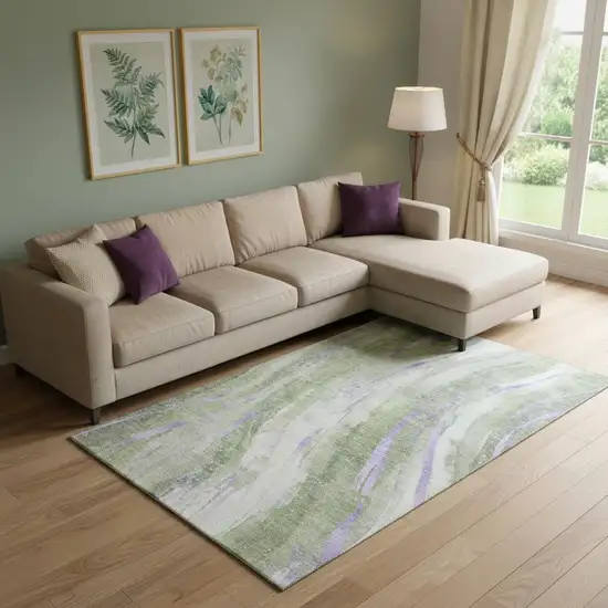 Olive Green Lavender And Ivory Abstract Washable Area Rug With UV Protection Photo 2
