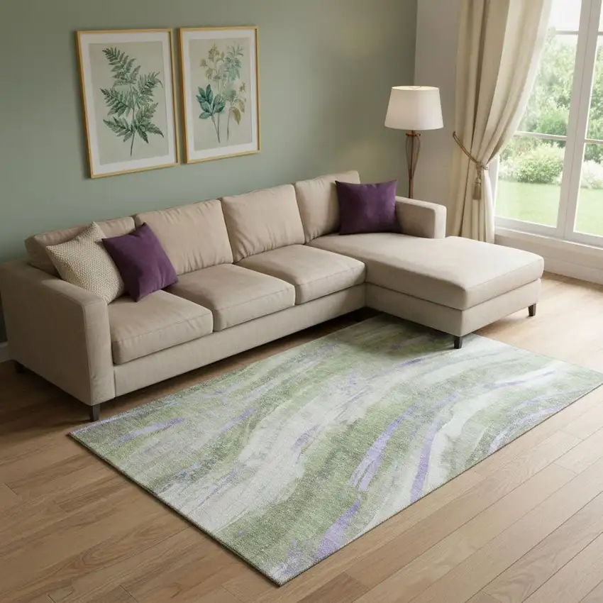 Olive Green Lavender And Ivory Abstract Washable Area Rug With UV Protection Photo 2