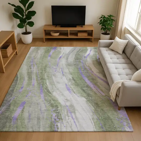 Olive Green Lavender And Ivory Abstract Washable Area Rug With UV Protection Photo 4