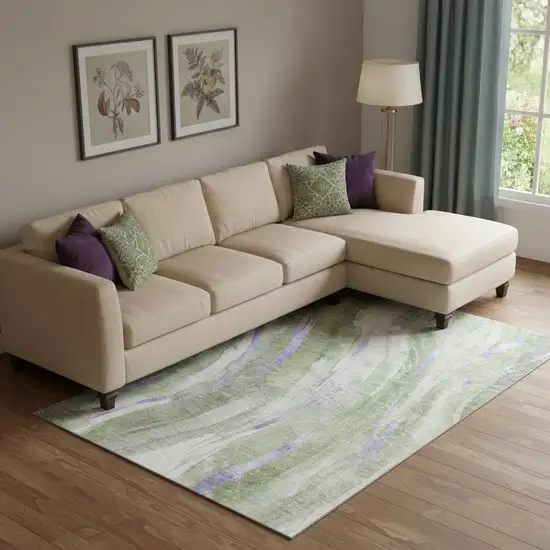 Olive Green Lavender And Ivory Abstract Washable Area Rug With UV Protection Photo 2