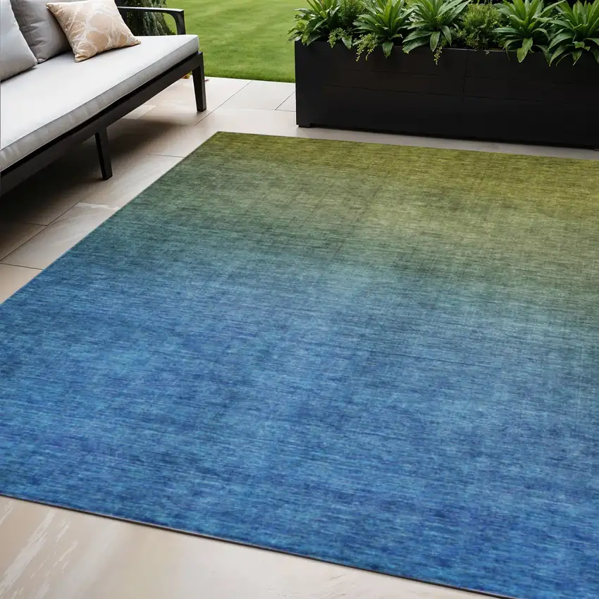 Olive Green Blue And Navy Blue Ombre Washable Indoor Outdoor Area Rug Photo 1