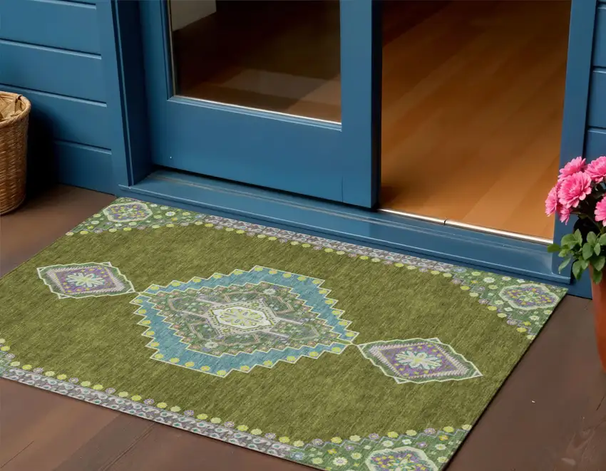 Olive Green Pink And Ivory Oriental Washable Indoor Outdoor Area Rug Photo 1