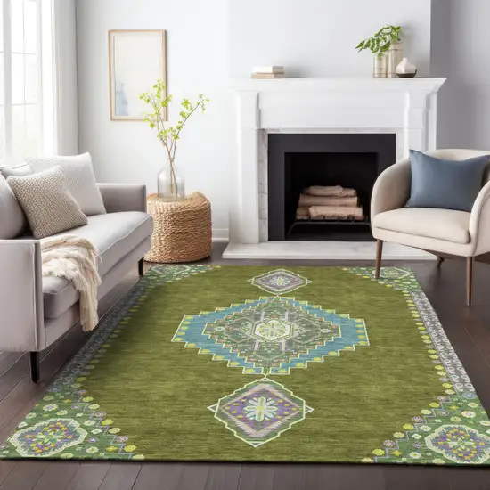 Olive Green Pink And Ivory Oriental Washable Indoor Outdoor Area Rug Photo 8