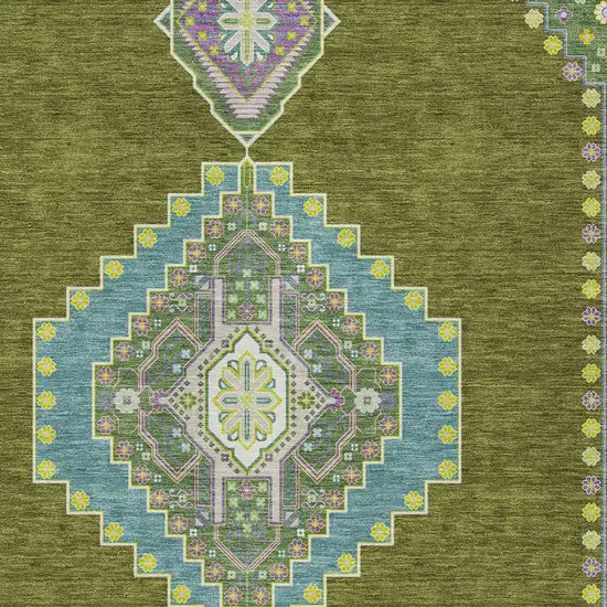 Olive Green Pink And Ivory Oriental Washable Indoor Outdoor Area Rug Photo 5