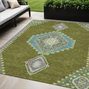 Photo of Olive Green Pink And Ivory Oriental Washable Indoor Outdoor Area Rug