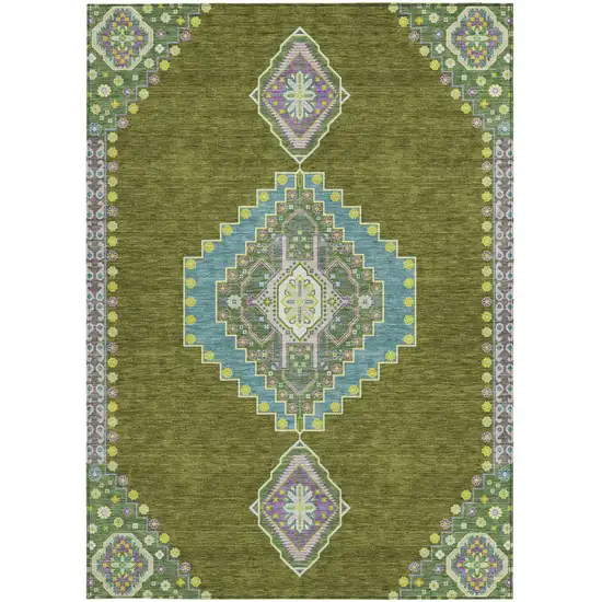 Olive Green Pink And Ivory Oriental Washable Indoor Outdoor Area Rug Photo 6