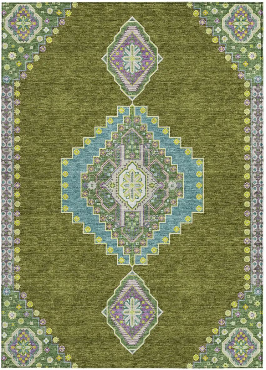 Olive Green Pink And Ivory Oriental Washable Indoor Outdoor Area Rug Photo 6