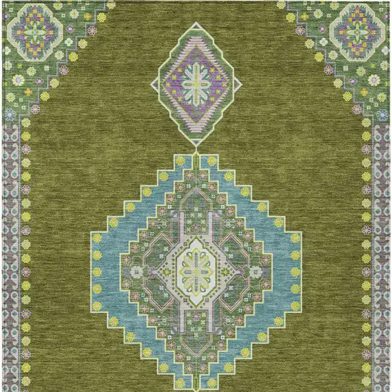 Olive Green Pink And Ivory Oriental Washable Indoor Outdoor Area Rug Photo 6