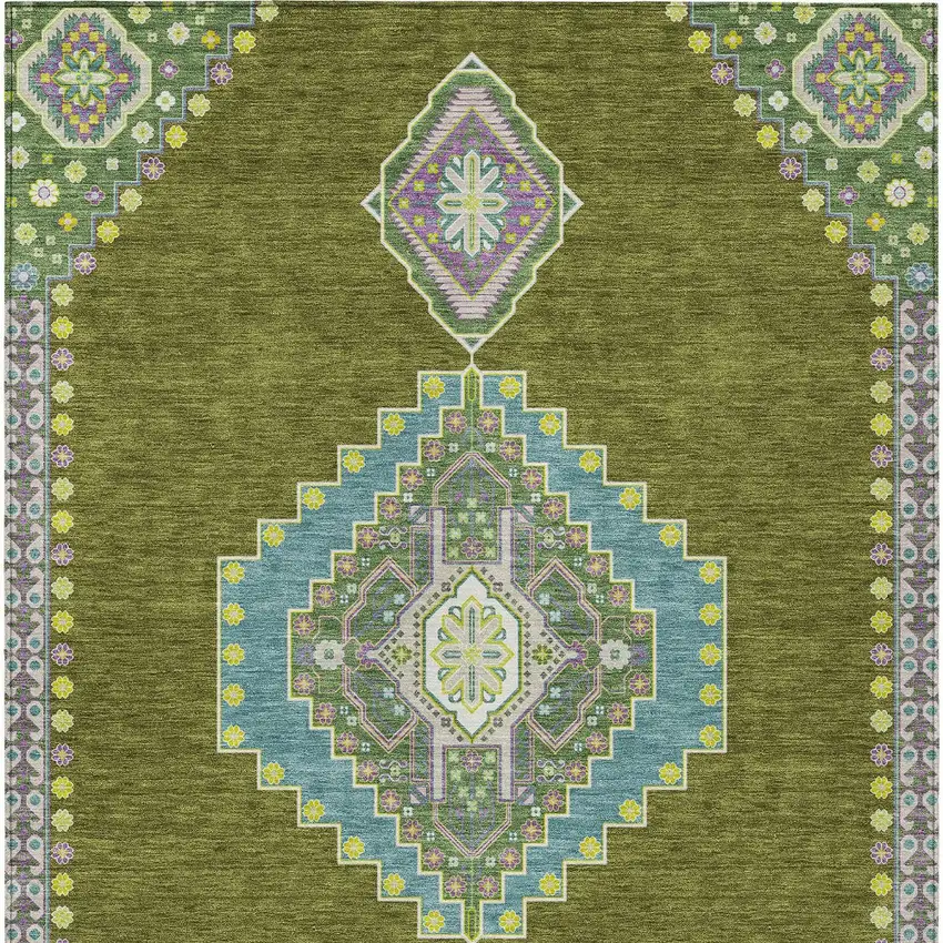 Olive Green Pink And Ivory Oriental Washable Indoor Outdoor Area Rug Photo 6