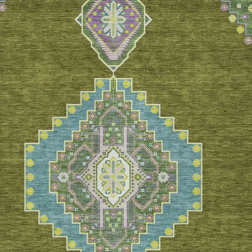 Olive Green Pink And Ivory Oriental Washable Indoor Outdoor Area Rug Photo 5