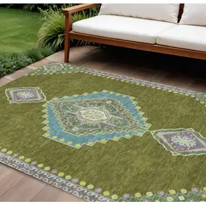 Photo of Olive Green Pink And Ivory Oriental Washable Indoor Outdoor Area Rug