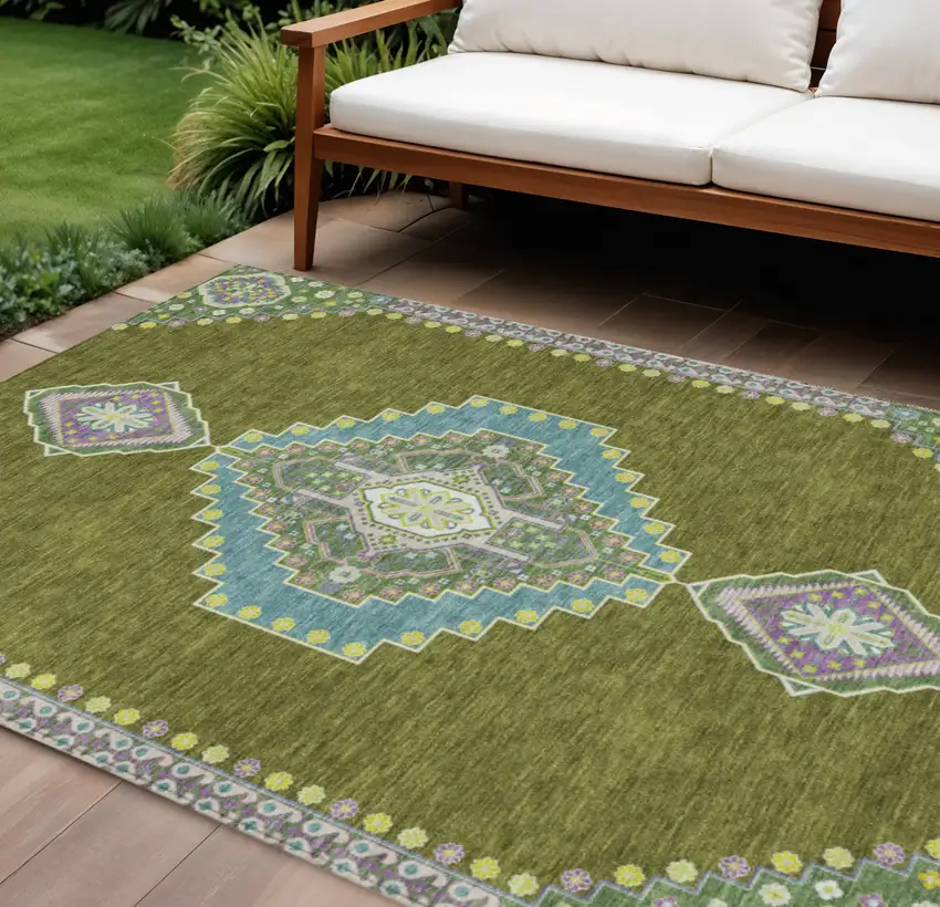 Olive Green Pink And Ivory Oriental Washable Indoor Outdoor Area Rug Photo 1