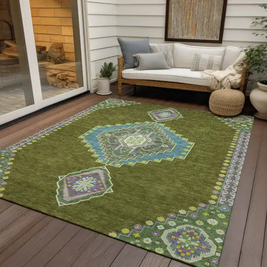 Olive Green Pink And Ivory Oriental Washable Indoor Outdoor Area Rug Photo 7