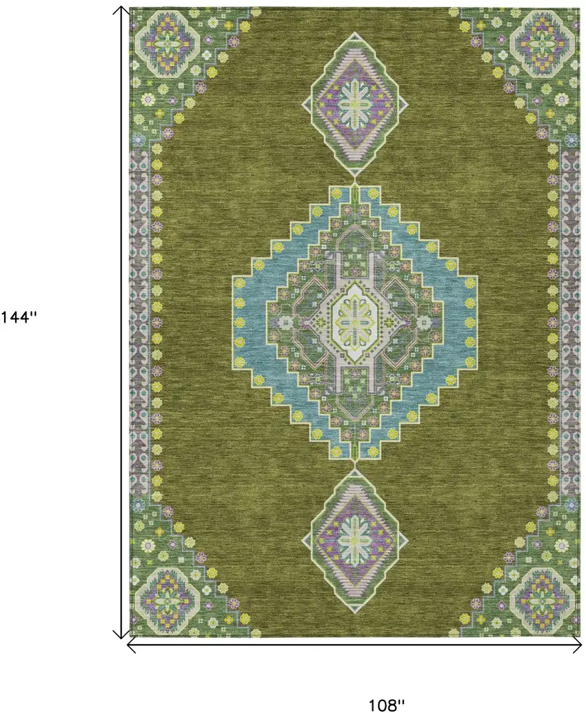 Olive Green Pink And Ivory Oriental Washable Indoor Outdoor Area Rug Photo 3