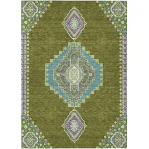 Photo of Olive Green Pink And Ivory Oriental Washable Indoor Outdoor Area Rug