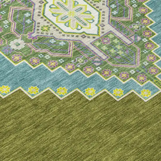 Olive Green Pink And Ivory Oriental Washable Indoor Outdoor Area Rug Photo 4