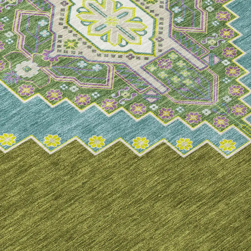 Olive Green Pink And Ivory Oriental Washable Indoor Outdoor Area Rug Photo 4