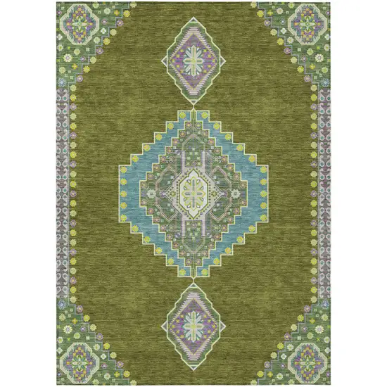 Olive Green Pink And Ivory Oriental Washable Indoor Outdoor Area Rug Photo 2