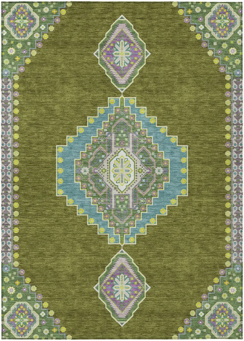 Olive Green Pink And Ivory Oriental Washable Indoor Outdoor Area Rug Photo 2
