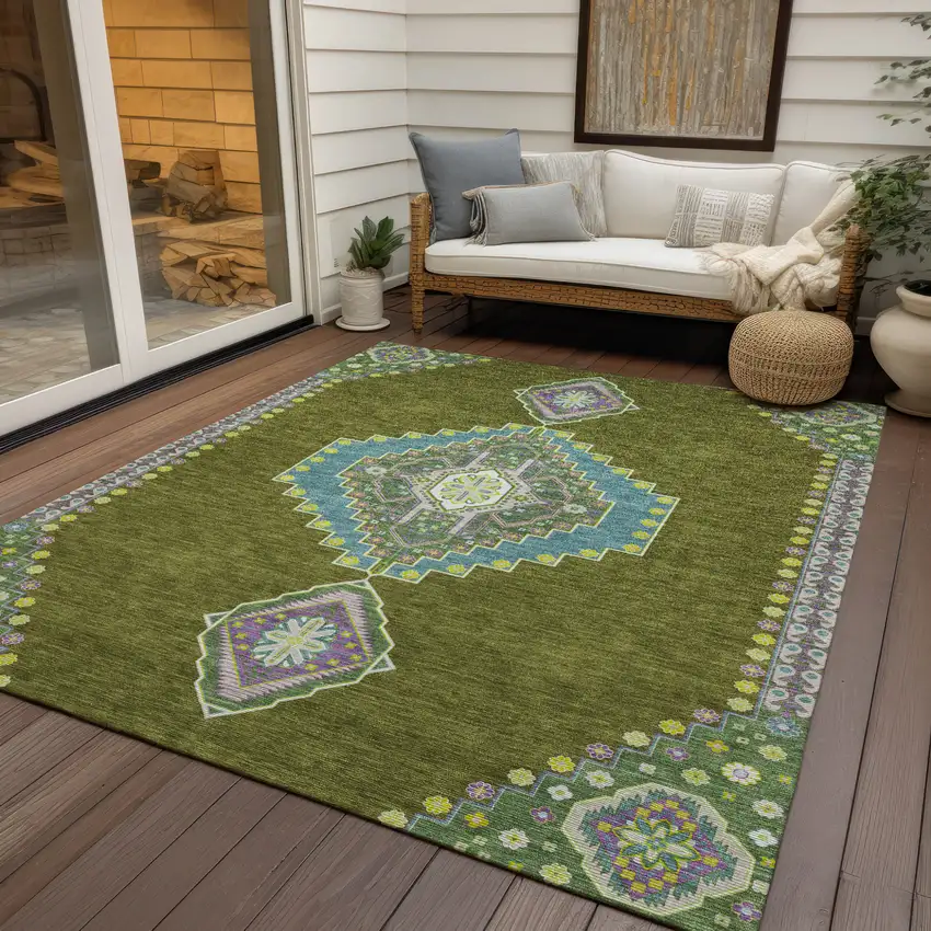Olive Green Pink And Ivory Oriental Washable Indoor Outdoor Area Rug Photo 7