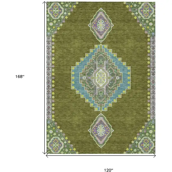 Olive Green Pink And Ivory Oriental Washable Indoor Outdoor Area Rug Photo 3