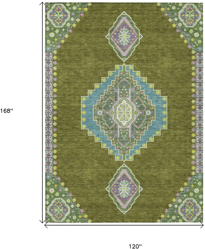 Olive Green Pink And Ivory Oriental Washable Indoor Outdoor Area Rug Photo 3